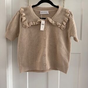 NWT Anthropologie Self Contrast Ainsley Ruffle Collar Cardigan Sweater Beige XS